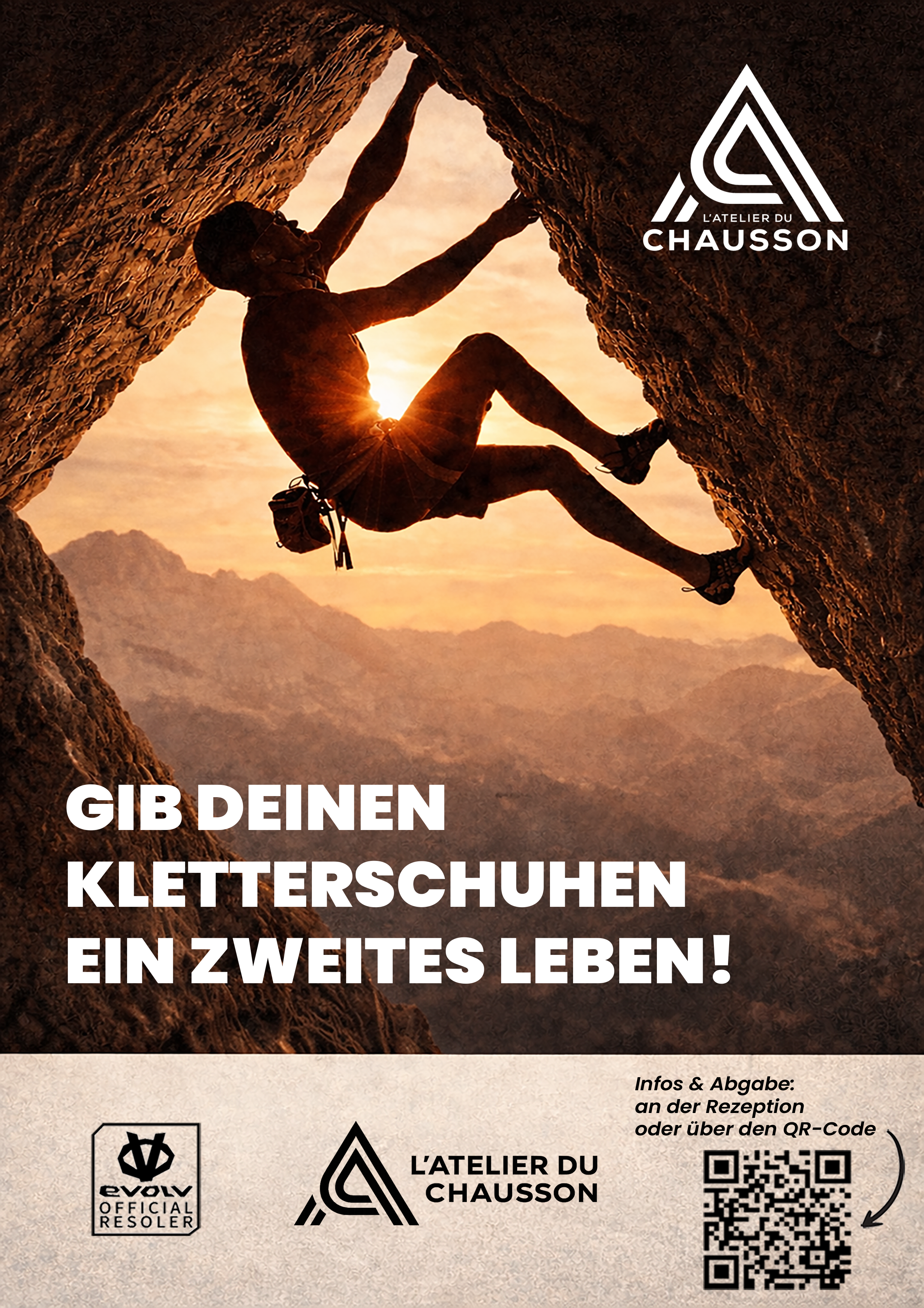 Kletterer in einer Felswand bei Sonnenuntergang – L’Atelier du Chausson Kletterschuh-Reparatur und Resoling bei Grip-Climbing